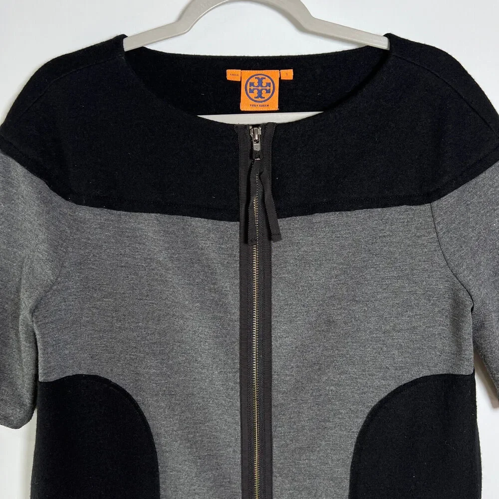 Tory Burch Colorblock Full Zip Blazer Jacket SIZE S Short Sleeve Black Gray